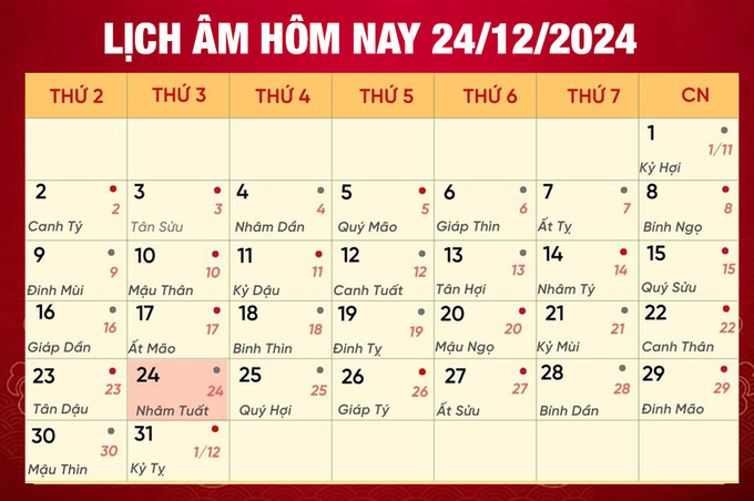 Lịch âm 23/12, xem âm lịch hôm nay Thứ 3 ngày 24/12/2024 đầy đủ nhất