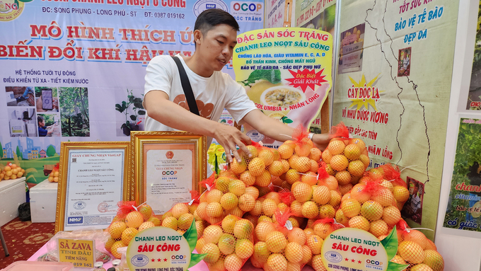 Sản phẩm chanh leo ngọt Sáu Công (huyện Kế Sách, tỉnh Sóc Trăng) được giới thiệu, trưng bày tại nhiều chương trình hội chợ, xúc tiến thương mại. Ảnh: Kim Anh.