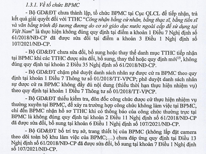 Kết luận thanh tra cũng chỉ ra, việc tổ chức và vận hành bộ phận một cửa tại Bộ GD&ĐT không đáp ứng yêu cầu.