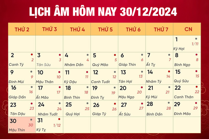 Lịch âm 30/12, xem âm lịch hôm nay Thứ 2 ngày 30/12/2024 đầy đủ nhất