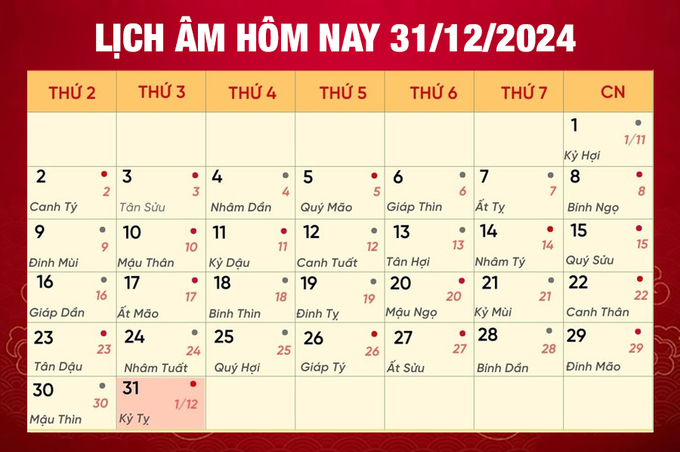 Lịch âm 31/12, xem âm lịch hôm nay Thứ 3 ngày 31/12/2024