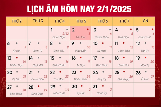 Lịch âm 2/1/2025, xem âm lịch hôm nay Thứ 5 ngày 2/1/2025