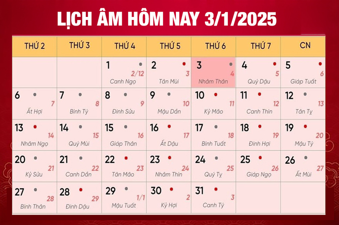 Lịch âm 3/1/2025, xem âm lịch hôm nay Thứ 6 ngày 3/1/2025