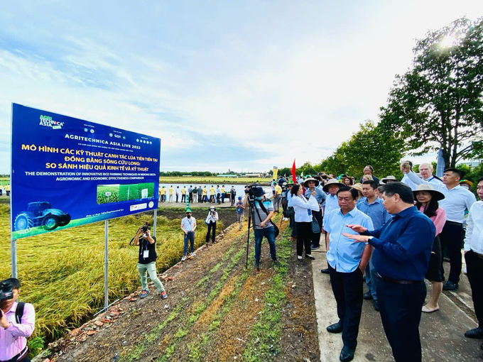 Ông Lê Quốc Thanh, Giám đốc Trung tâm Khuyến nông Quốc gia và Bộ trưởng Lê Minh Hoan kiểm tra mô hình canh tác lúa bền vững ở đồng bằng sông Cửu Long. Ảnh: Lê Hoàng Vũ.