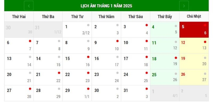 Lịch âm 5/1/2025, xem âm lịch hôm nay Chủ nhật ngày 5/1/2025