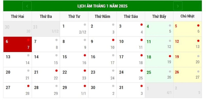 Lịch âm 6/1/2025, xem âm lịch hôm nay Thứ Hai ngày 6/1/2025