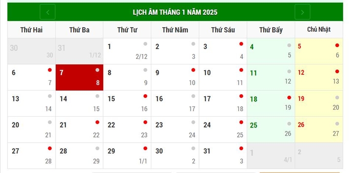 Lịch âm 7/1/2025, xem âm lịch hôm nay Thứ Ba ngày 7/1/2025