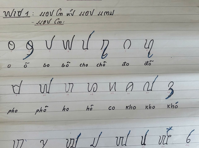 Từng ký tự được ghi cẩn thận ra giấy để gắn lên bảng. Ảnh: Đức Bình.