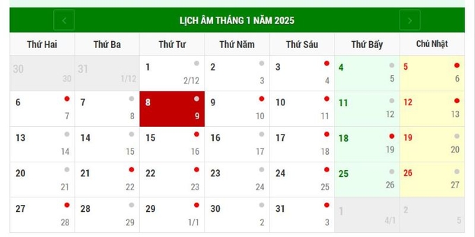 Lịch âm 8/1/2025, xem âm lịch hôm nay Thứ Ba ngày 8/1/2025