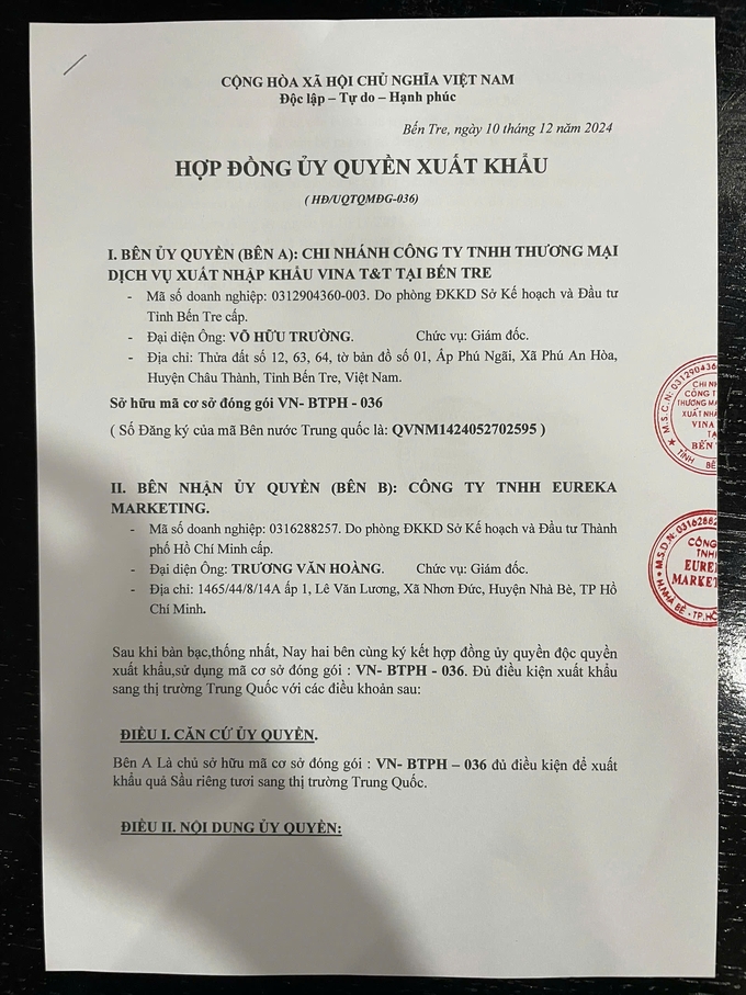 Công ty Vina T&T khẳng định Chi nhánh Vina T&T Bến Tre không có con dấu nên dấu đóng trên hợp đồng là giả mạo.