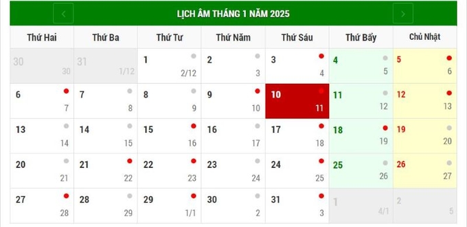 Lịch âm 10/1/2025, xem âm lịch hôm nay Thứ 6 ngày 10/1/2025