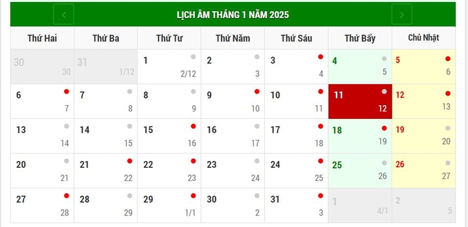 Lịch âm 11/1/2025, xem âm lịch hôm nay Thứ 7 ngày 11/1/2025