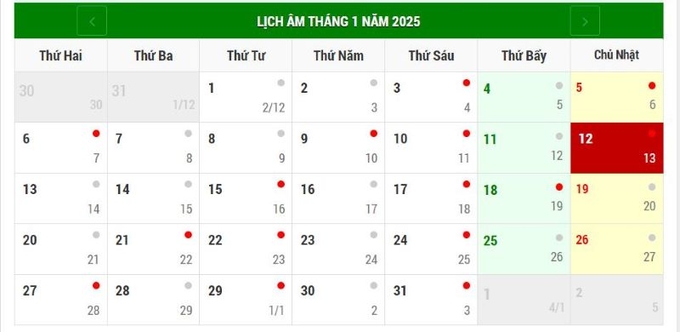 Lịch âm 12/1/2025, xem âm lịch hôm nay Chủ Nhật ngày 12/1/2025