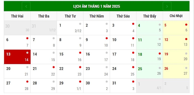 Lịch âm 13/1/2025, xem âm lịch hôm nay Thứ 2 ngày 13/1/2025