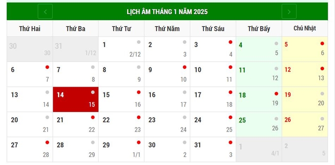 Lịch âm 14/1/2025, xem âm lịch hôm nay Thứ 3 ngày 14/1/2025