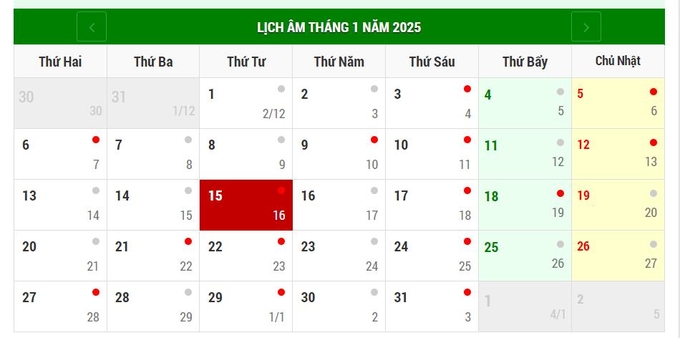 Lịch âm 15/1/2025, xem âm lịch hôm nay Thứ 4 ngày 15/1/2025