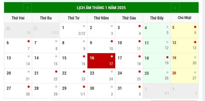 Lịch âm 16/1/2025, xem âm lịch hôm nay Thứ 5 ngày 16/1/2025