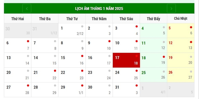 Lịch âm 17/1/2025, xem âm lịch hôm nay Thứ 6 ngày 17/1/2025