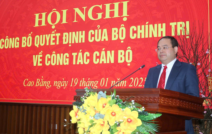 Tân Bí thư Tỉnh ủy Cao Bằng Quản Minh Cường hứa sẽ nỗ lực, tận tâm cùng hệ thống chính trị, phấn đấu thực hiện thắng lợi Nghị quyết Đại hội XIX của Đảng bộ tỉnh Cao Bằng. Ảnh: NT. 