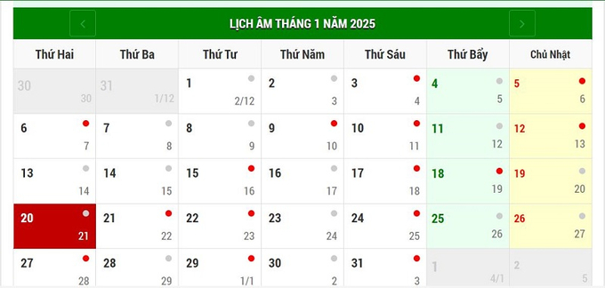 Lịch âm 20/1/2025, xem âm lịch hôm nay Thứ 2 ngày 20/1/2025