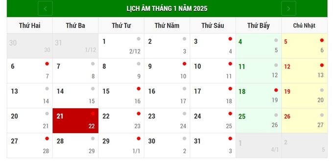 Lịch âm 21/1/2025, xem âm lịch hôm nay Thứ 3 ngày 21/1/2025