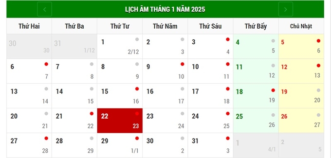 Lịch âm 22/1/2025, xem âm lịch hôm nay Thứ 4 ngày 22/1/2025