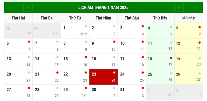 Lịch âm 23/1/2025, xem âm lịch hôm nay Thứ 5 ngày 23/1/2025