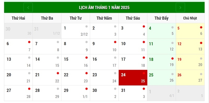 Lịch âm 24/1/2025, xem âm lịch hôm nay Thứ 6 ngày 24/1/2025