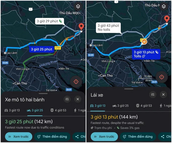 Chỉ đường Google Maps cho xe máy (bên trái) sẽ không hướng dẫn người dùng đi vào cao tốc như chỉ đường cho ôtô (bên phải).