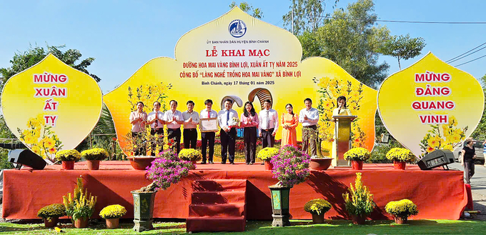 Lãnh đạo TP.HCM trao quyết định công nhận 'Làng nghề trồng mai vàng' xã Bình Lợi huyện Bình Chánh. Ảnh: H.Đức.