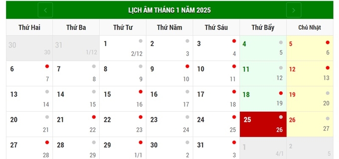 Lịch âm 26/1/2025, xem âm lịch hôm nay Chủ nhật ngày 26/1/2025