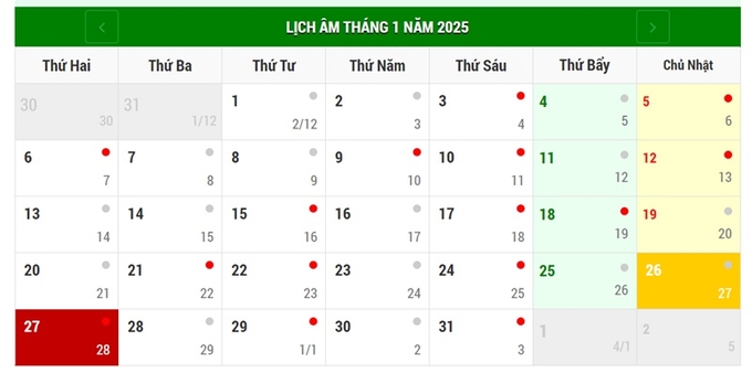 Lịch âm 27/1/2025, xem âm lịch hôm nay Thứ 2 ngày 27/1/2025