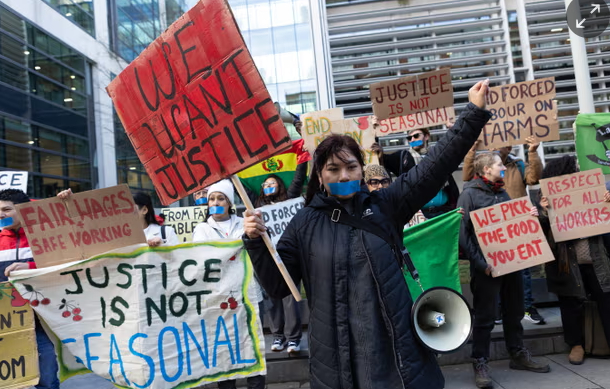 Julia Quencaño Casimiro and fellow migrant farm workers demonstrating today outside the Home Office. Photograph: Andy Hall/the Observer.