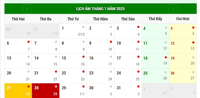 Lịch âm 28/1/2025, xem âm lịch hôm nay Thứ 3 ngày 28/1/2025