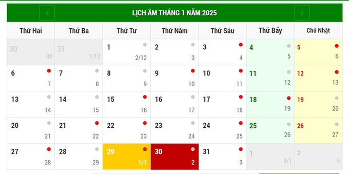 Lịch âm 30/1/2025, xem âm lịch hôm nay Thứ 5 ngày 30/1/2025