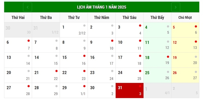 Lịch âm 31/1/2025, xem âm lịch hôm nay Thứ 6 ngày 31/1/2025