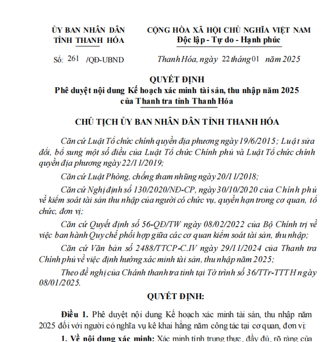Quyết định của Chủ tịch UBND tỉnh Thanh Hóa về việc phê duyệt nội dung kế hoạch xác minh tài sản, thu nhập năm 2025 đối với người có nghĩa vụ kê khai hằng năm công tác tại 10 cơ quan, đơn vị trong tỉnh Thanh Hóa. Ảnh: Quốc Toản.