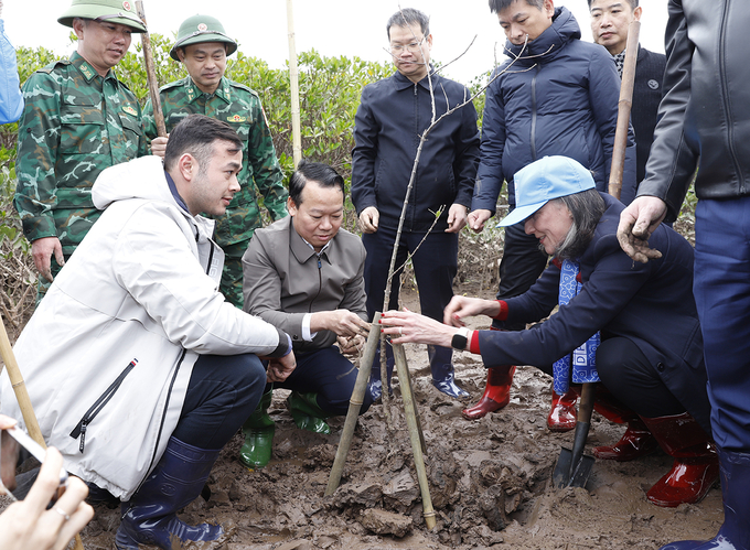 Bộ trưởng Đỗ Đức Duy cùng bà Ramla Khalidi (Trưởng đại diện UNDP Việt Nam) trồng cây tại Khu bảo tồn thiên nhiên đất ngập nước Thái Thụy. Ảnh: K.Trung.