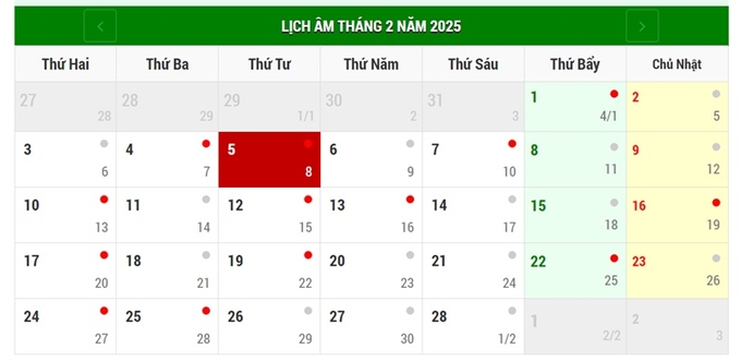 Lịch âm 5/2/2025, xem âm lịch hôm nay Thứ 4 ngày 5/2/2025