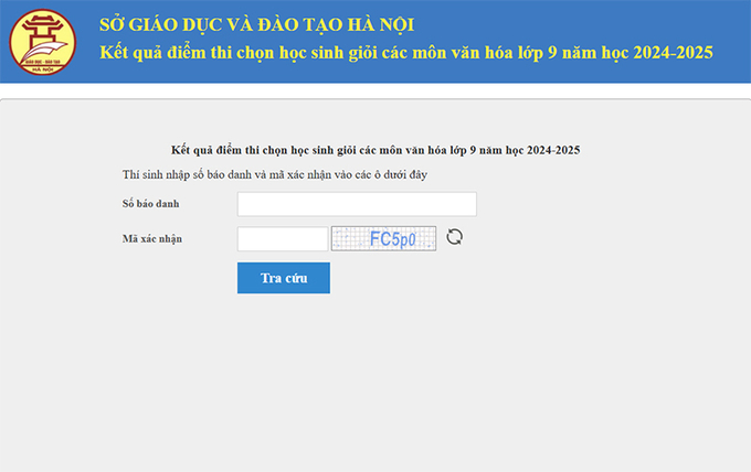 Nhập số báo danh để thực hiện tra cứu điểm bài thi chọn học sinh giỏi môn văn hóa lớp 9. Ảnh: Chụp màn hình từ https://diemthi.hanoi.edu.vn/.