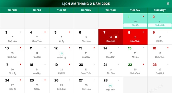 Lịch âm 8/2/2025, xem âm lịch hôm nay Thứ 7 ngày 8/2/2025