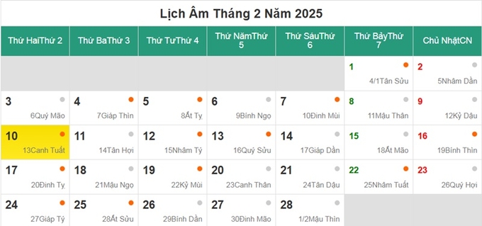 Lịch âm 10/2/2025, xem âm lịch hôm nay Thứ 2 ngày 10/2/2025