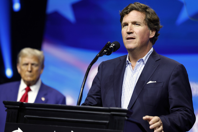 Nhà báo Mỹ Tucker Carlson, người từng phỏng vấn Tổng thống Nga Vladimir Putin hồi tháng 2/2024. Ảnh: Getty.