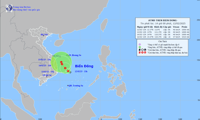 Dự báo trong 24h tới, áp thấp nhiệt đới trên di chuyển theo hướng tây bắc với tốc độ 5km/h. Ảnh: Trung tâm Dự báo KTTVQG.