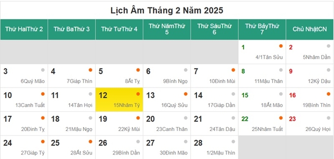 Lịch âm 12/2/2025, xem âm lịch hôm nay Thứ 4 ngày 12/2/2025