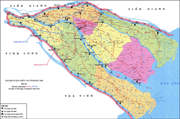 Bản đồ dự báo ranh mặn tại các sông chính tỉnh Bến Tre từ ngày 13-23/2. Ảnh: Đài Khí tượng Thủy văn Bến Tre.