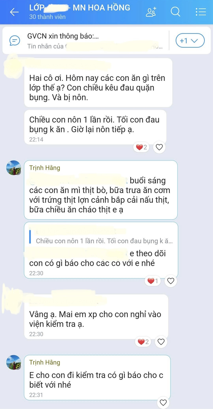 Khi phát hiện con em mình có các biểu hiện lạ, nhiều phụ huynh đã nhắn hỏi giáo viên của lớp và được cô Trịnh Hằng cho biết: 'Buổi sáng các con ăn mì thịt bò. Bữa trưa ăn cơm với trứng, thịt lợn, canh bắp cải nấu thịt. Bữa chiều ăn cháo thịt'. Ảnh: NVCC.