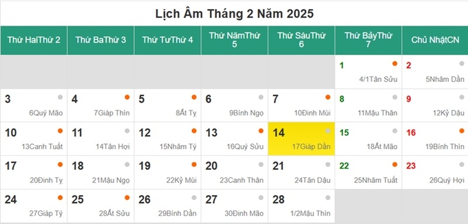 Lịch âm 14/2/2025, xem âm lịch hôm nay Thứ 6 ngày 14/2/2025