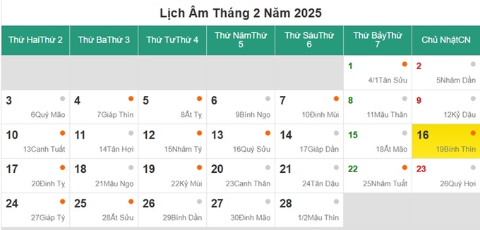 Lịch âm 16/2/2025, xem âm lịch hôm nay Chủ nhật ngày 16/2/2025