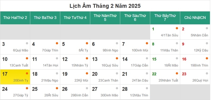 Lịch âm 17/2/2025, xem âm lịch hôm nay Thứ 2 ngày 17/2/2025